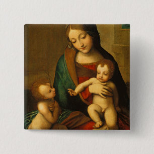 Bóton Quadrado 5.08cm Madonna e criança com santos