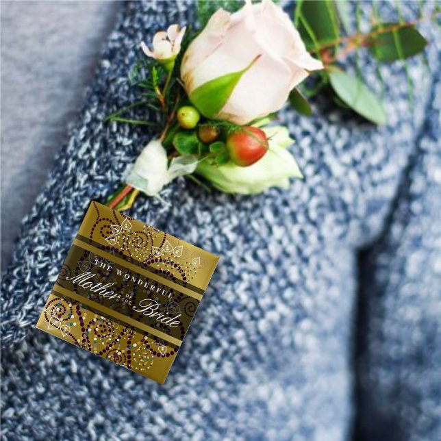 Bóton Quadrado 5.08cm MÃE DO BRIDE Boho Spirals Botão de Casamento (MOTHER OF THE BRIDE Purple Boho Dots Spirals Stylish Gold Wedding Pinback Button @ fat_fa_tin)