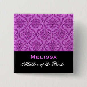 Bóton Quadrado 5.08cm Mãe do nome roxo do costume do damasco da noiva