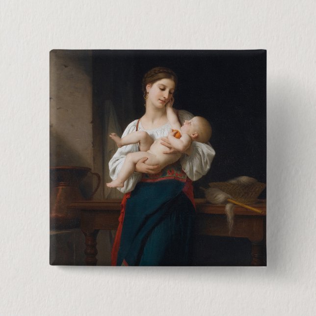 Bóton Quadrado 5.08cm Mãe e Criança (por Bouguereau) (Frente)