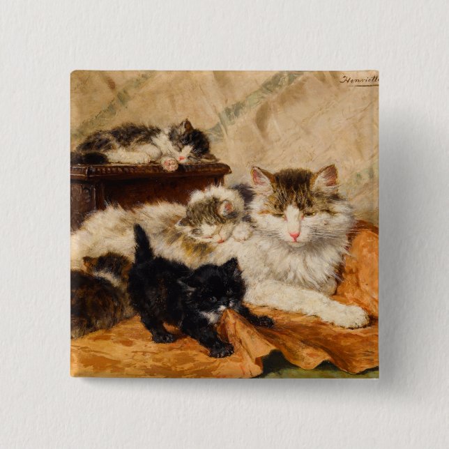 Bóton Quadrado 5.08cm Mamãe e Seus Gatinhos (Frente)