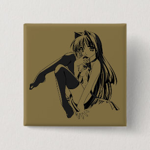 Bóton Quadrado 5.08cm Manga, Neko Catgirl Furry Kawaii Loli