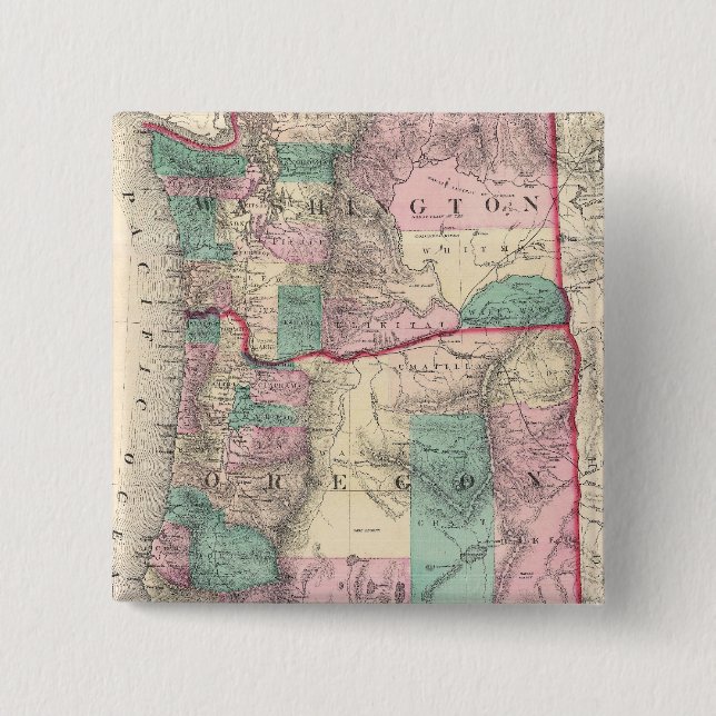 Bóton Quadrado 5.08cm Mapa Antigo de Washington e Oregon (1875) (Frente)