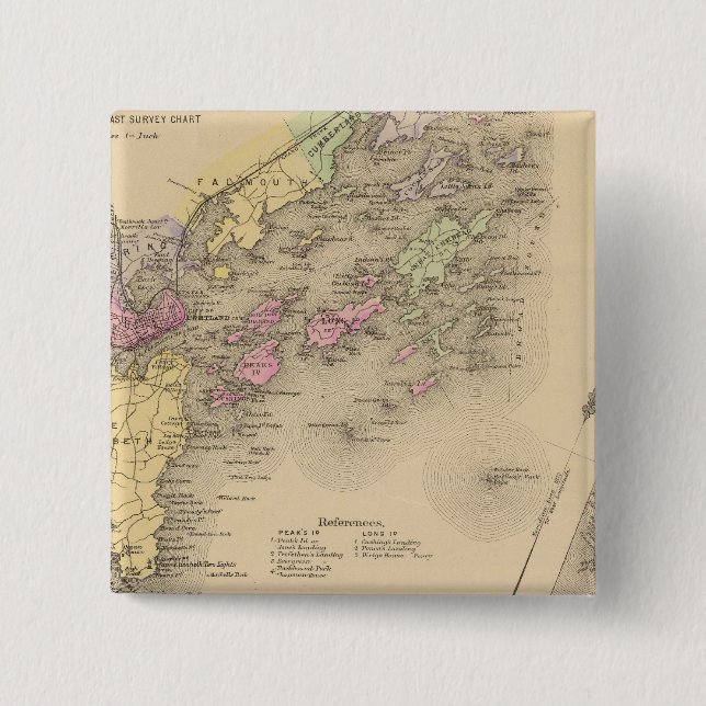 Bóton Quadrado 5.08cm Mapa da Baía de Casco (Frente)