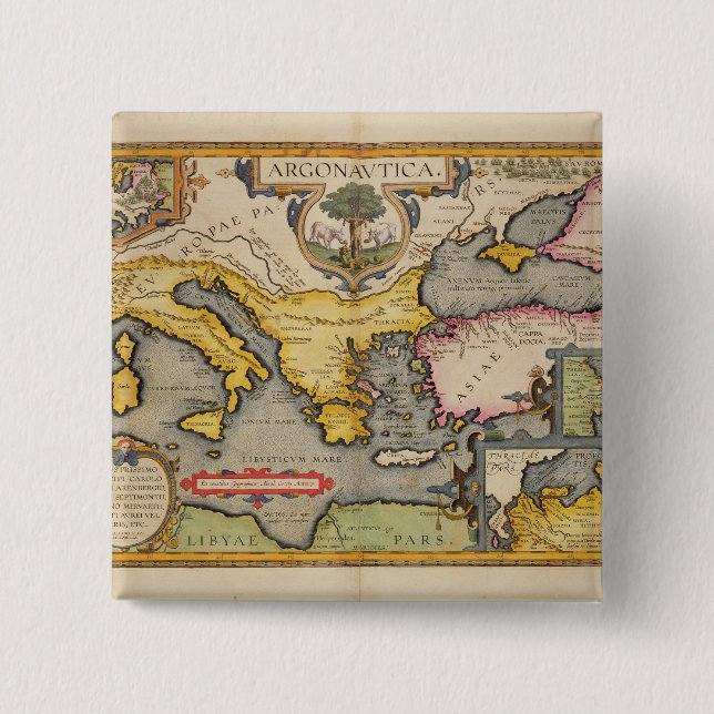Bóton Quadrado 5.08cm Mapa da viagem dos Argonauts (Frente)