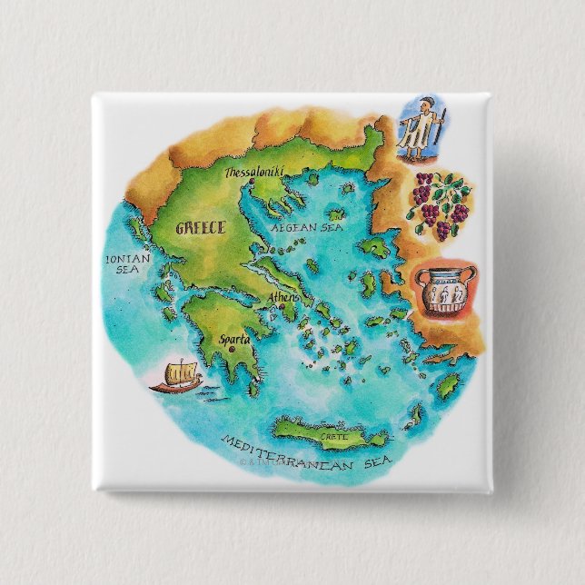 Bóton Quadrado 5.08cm Mapa das ilhas de Grécia (Frente)