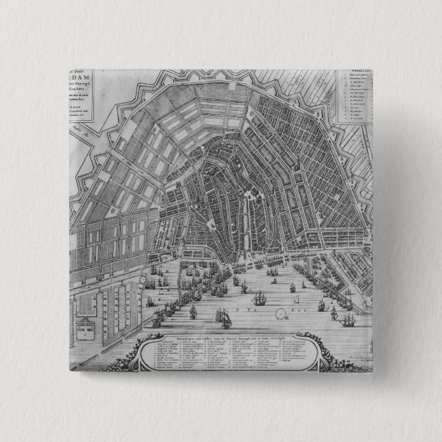 Bóton Quadrado 5.08cm Mapa de Amsterdão, 1662 (Frente)