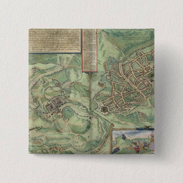 Bóton Quadrado 5.08cm Mapa de Jerusalem, 'de Civitates Orbis Terrarum (Frente)