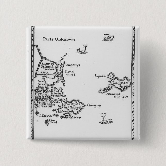 Bóton Quadrado 5.08cm Mapa de Laputa, Balnibari, Luggnagg (Frente)