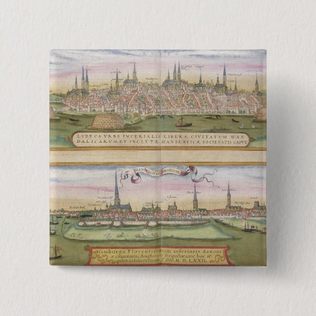 Bóton Quadrado 5.08cm Mapa de Lubeque e de Hamburgo, 'de Civitates Orbis (Frente)