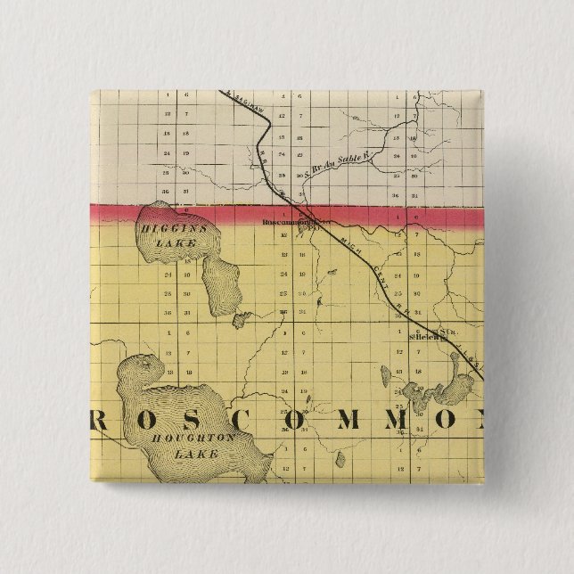 Bóton Quadrado 5.08cm Mapa de Roscommon County, Michigan (Frente)