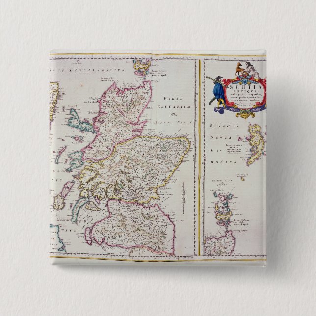 Bóton Quadrado 5.08cm Mapa de Scotland, c.1700 (Frente)