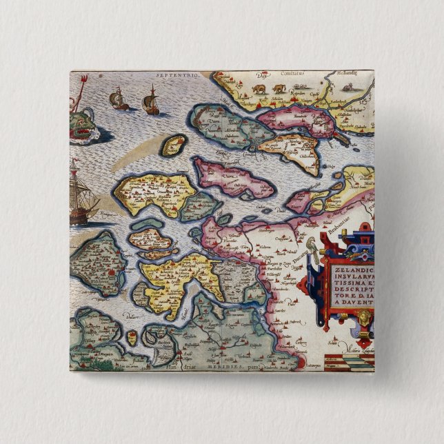 Bóton Quadrado 5.08cm Mapa de Zeeland, c.1560 (Frente)