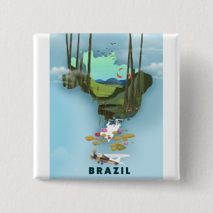 Bóton Quadrado 5.08cm Mapa do Brasil Cartaz de viagem ilustrado
