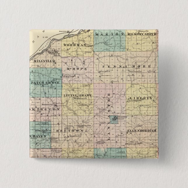 Bóton Quadrado 5.08cm Mapa do Condado de Grant e da Vila de Lancaster (Frente)