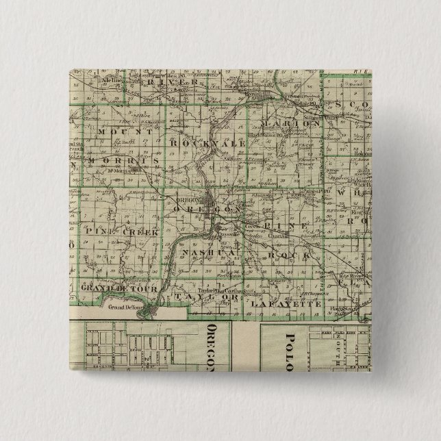 Bóton Quadrado 5.08cm Mapa do Condado de Ogle, Polo e Oregon (Frente)