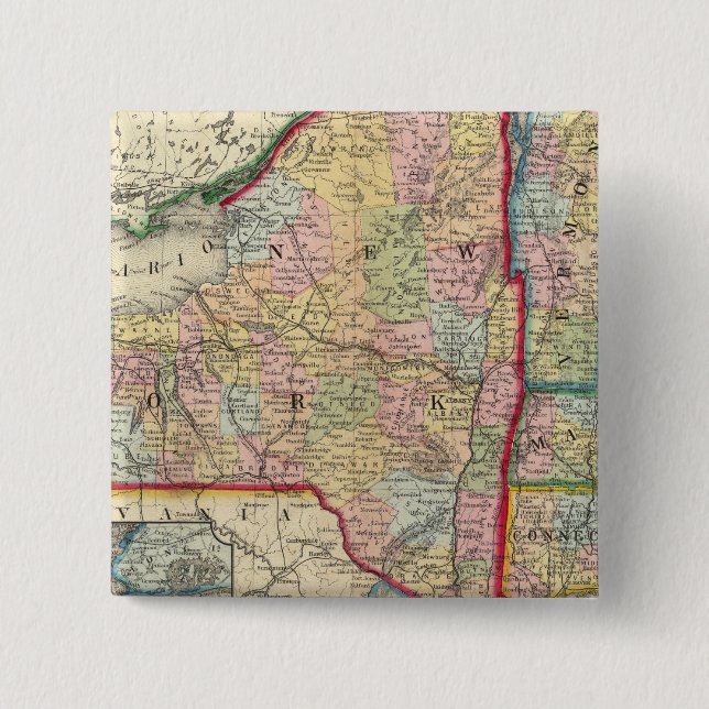 Bóton Quadrado 5.08cm Mapa Do Condado Dos Estados De Nova Iorque (Frente)