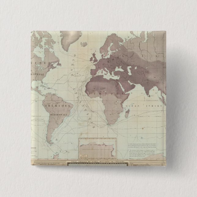 Bóton Quadrado 5.08cm Mapa do Mundo Histórico (Frente)