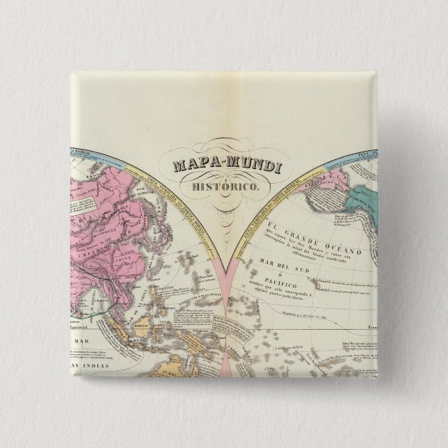 Bóton Quadrado 5.08cm Mapa do Mundo Histórico 3 (Frente)