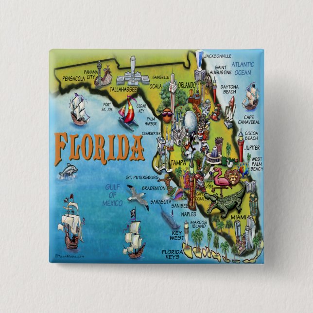 Bóton Quadrado 5.08cm Mapa dos desenhos animados de Florida (Frente)