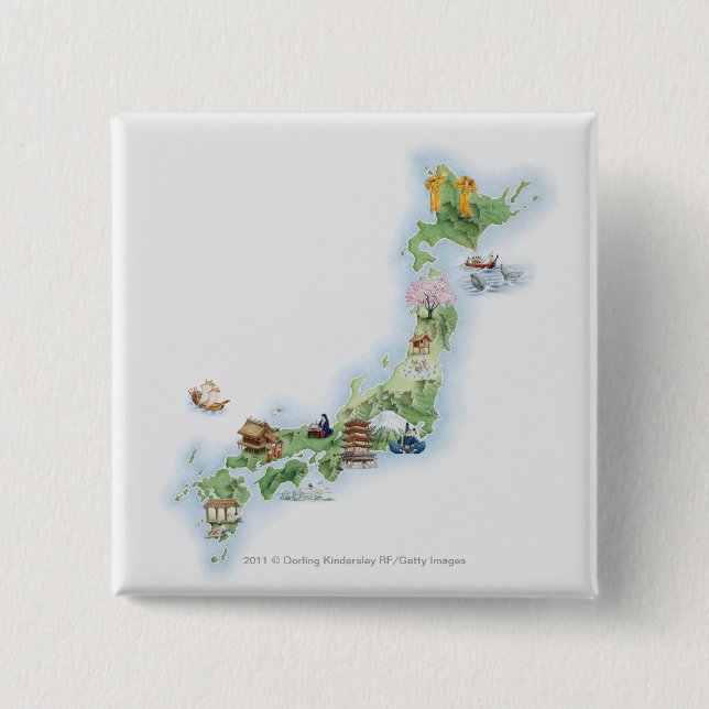 Bóton Quadrado 5.08cm Mapa ilustrado de Japão antigo (Frente)