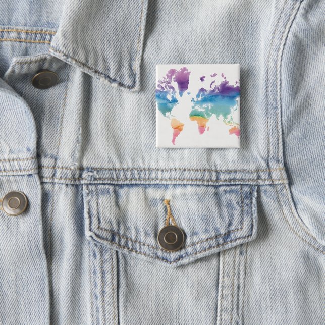 Bóton Quadrado 5.08cm Mapa Mundial de Aquarela (In Situ)