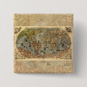 Bóton Quadrado 5.08cm Mapa Mundial Vintage Atlas Antiquado Histórico