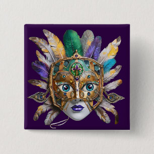 Bóton Quadrado 5.08cm Mardi Gras Feather e Metal Mask
