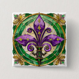 Bóton Quadrado 5.08cm Mardi Gras StainGlass Fleur de lis