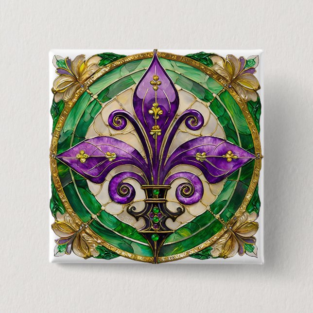 Bóton Quadrado 5.08cm Mardi Gras StainGlass Fleur de lis (Frente)