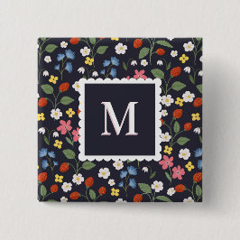 Bóton Quadrado 5.08cm marinho com padrão de morango silvestre