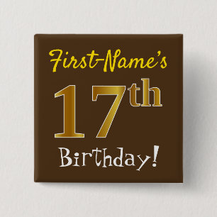 Bóton Quadrado 5.08cm Marrom, Faux Dourado 17º Aniversário, Com Nome P