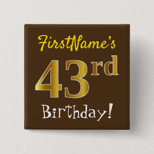 Bóton Quadrado 5.08cm Marrom, Faux Dourado 43º Aniversário, Com Nome P