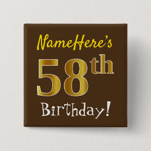 Bóton Quadrado 5.08cm Marrom, Faux Dourado 58º aniversário, com nome p