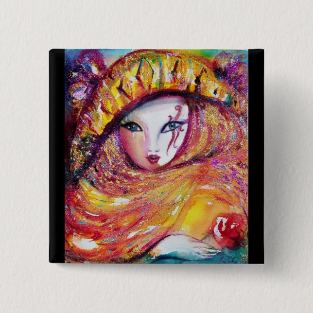 BÓTON QUADRADO 5.08CM MÁSCARA CARNIVAL NO AMARELO DOURADO COM ROSA VERME (Frente)