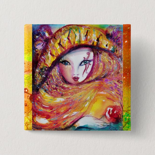 BÓTON QUADRADO 5.08CM MÁSCARA CARNIVAL NO AMARELO DOURADO COM ROSA VERME (Frente)