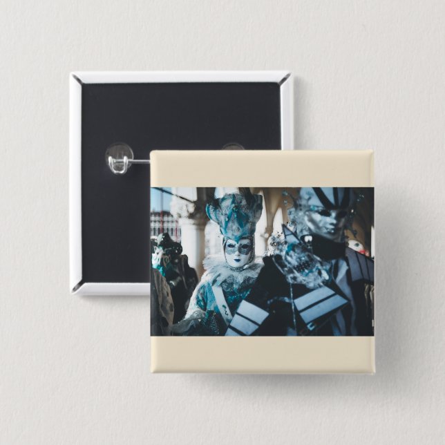 Bóton Quadrado 5.08cm Máscaras de Carnaval em Veneza, Itália (Frente & Verso)