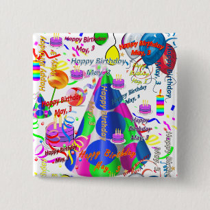 Bóton Quadrado 5.08cm May, 3 Birthday Square Button
