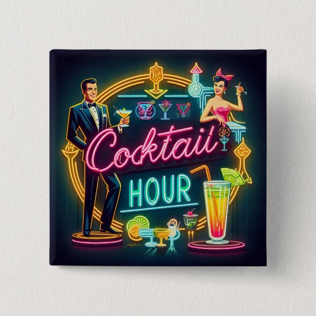 Bóton Quadrado 5.08cm Meio século Neon Sign Cocktail Casal (Frente)