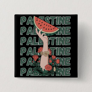 Bóton Quadrado 5.08cm melancia, flores e texto palestino Repetir