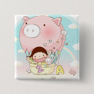 Bóton Quadrado 5.08cm Menina que senta-se no balão de ar quente,