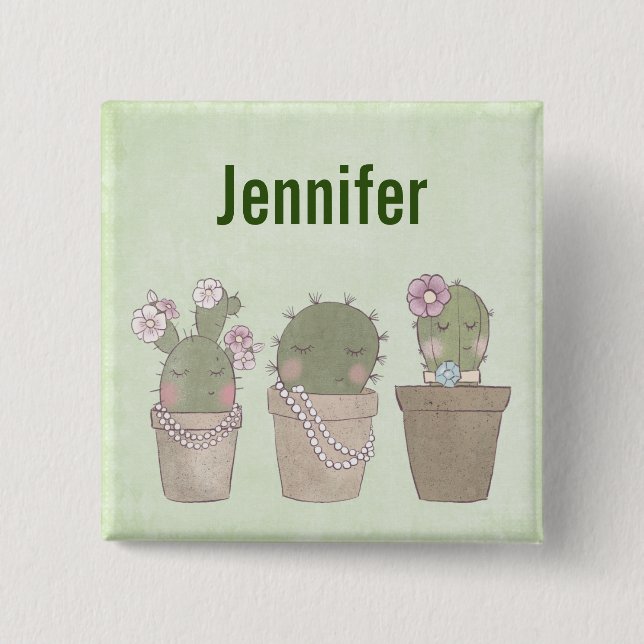 Bóton Quadrado 5.08cm Meninas de Cactus Bonitas Vestindo Joias (Frente)