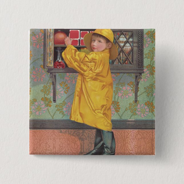 Bóton Quadrado 5.08cm Menino de capa de chuva (Frente)