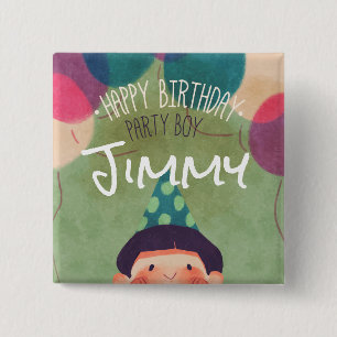 Bóton Quadrado 5.08cm Menino feliz da festa de aniversário da ilustraç