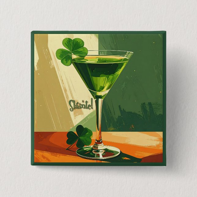 Bóton Quadrado 5.08cm Mid Century Modern Shamrock Martini Sláinte!  (Frente)