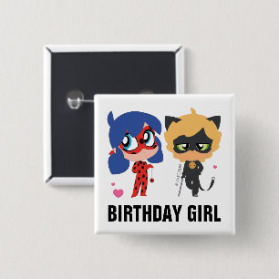 Bóton Quadrado 5.08cm Miraculosa Ladybug e Cat Noir Chibi Birthday Girl