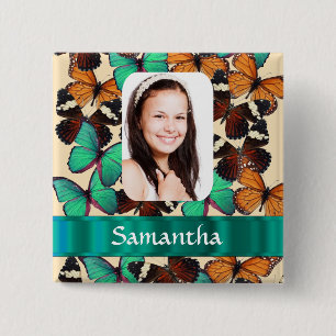 Bóton Quadrado 5.08cm Modelo de foto de padrão de borboleta verde