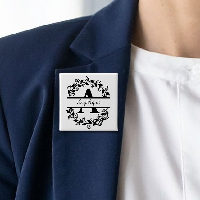 Bóton Quadrado 5.08cm Modern Black Floral Wreath Split Monogram "A" (Criador carregado)