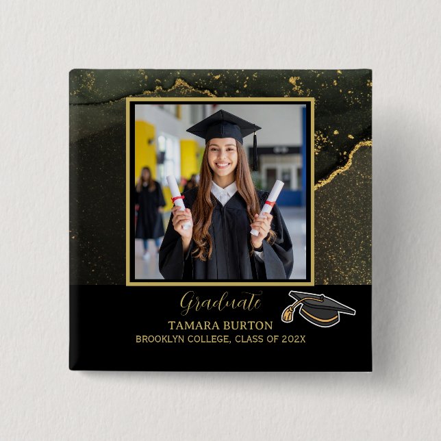 Bóton Quadrado 5.08cm Modern Elegant Black and Gold Graduation photo (Frente)