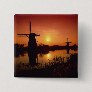 Bóton Quadrado 5.08cm Moinhos de vento ao pôr do sol, Kinderdijk, Países